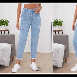 blue light wash mom jeans never worn, too tight on thighs